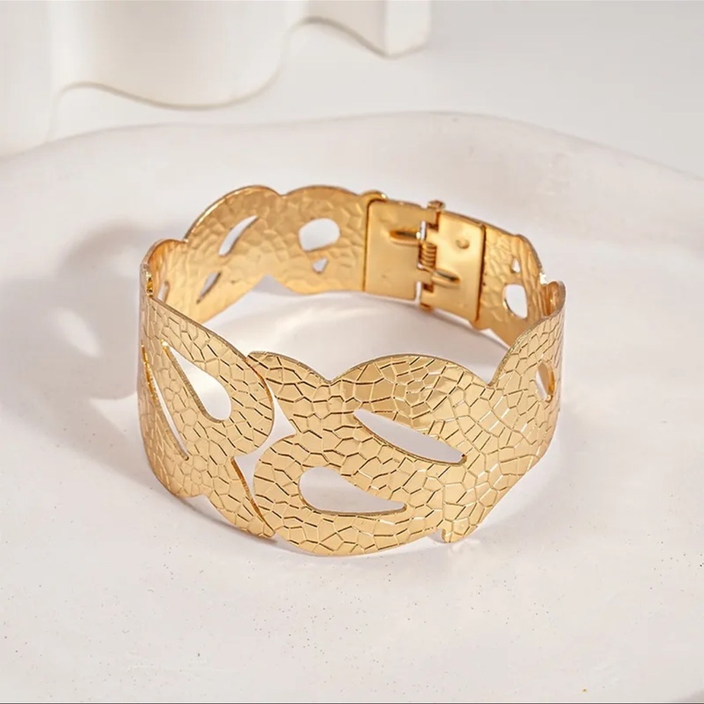 Gold Textured Women's Leaf Cuff Bracelet